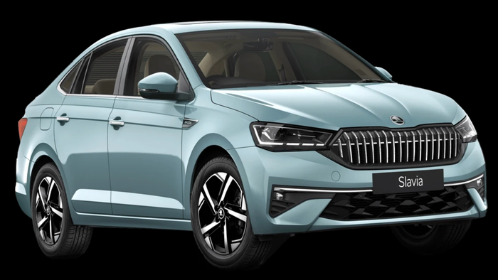 Überarbeitetes Außendesign der neuen Škoda Slavia mit LED-Scheinwerfern und neuem Kühlergrill
